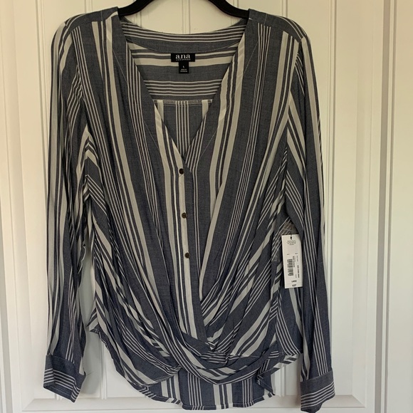 a.n.a Tops - a.n.a Navy and White Striped Drape Blouse